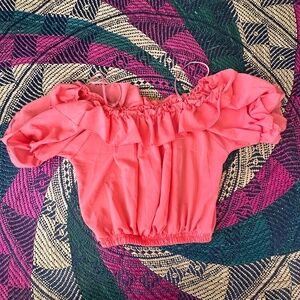Ruffled Off the Shoulder Crop Top in Coral Size Medium